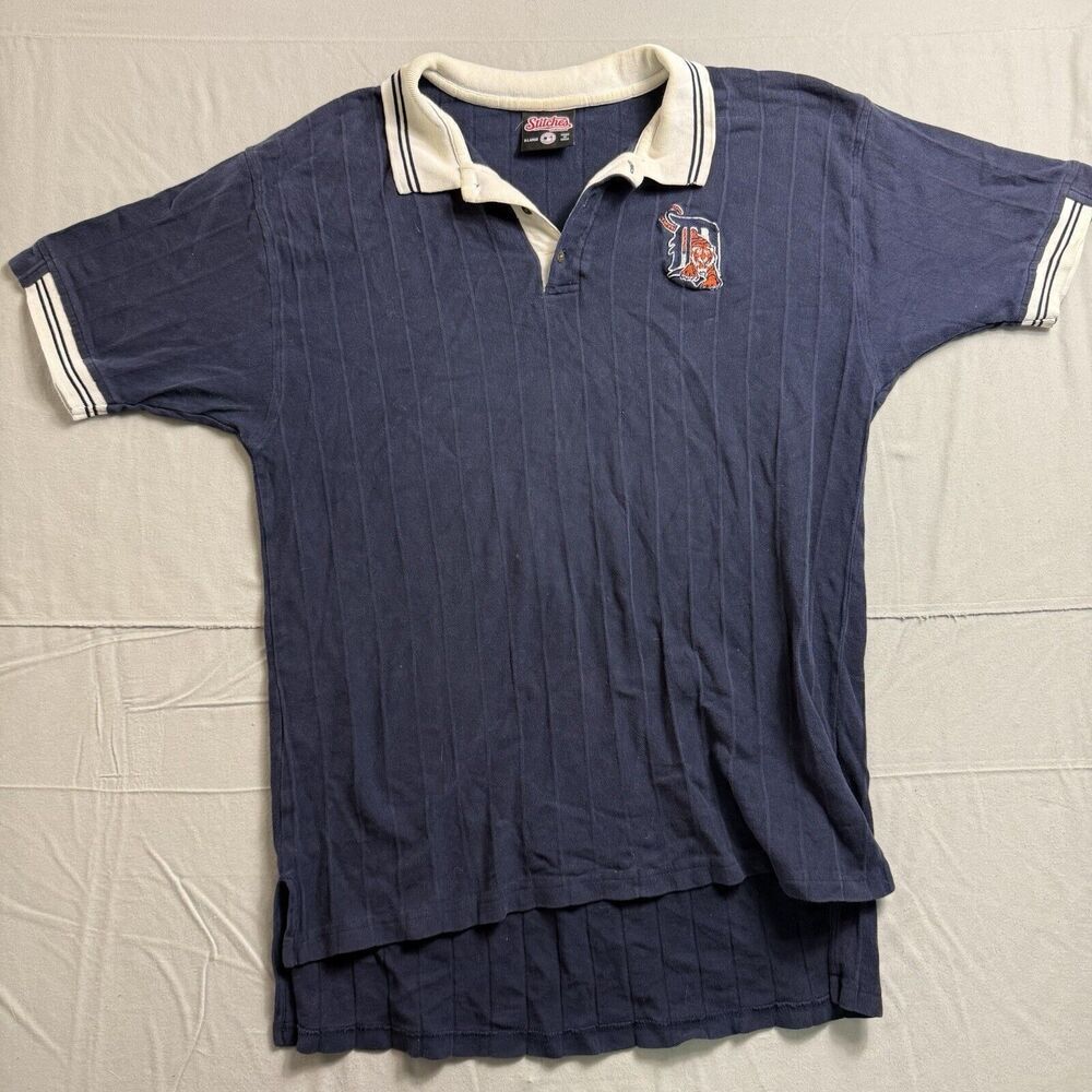 Vintage Detroit Tigers Polo Shirt 1990s XL Fit Blue MLB Baseball Stitches Brand - Picture 1 of 7